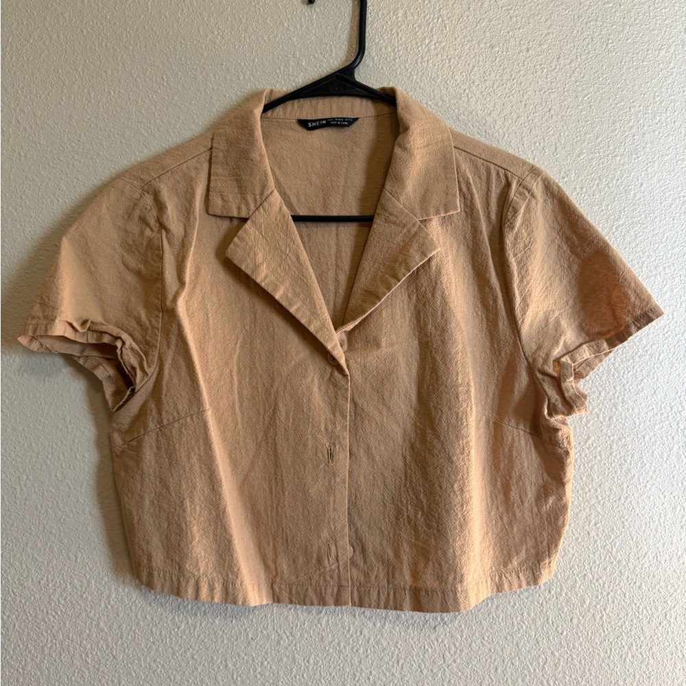 SHEIN Tan Button Down Short Sleeve Shirt
